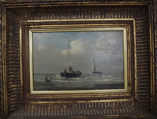 Peter P Schidges (1826-1876) oil on wooden panel, Sail barges off the coast, signed, 12 x 19cm